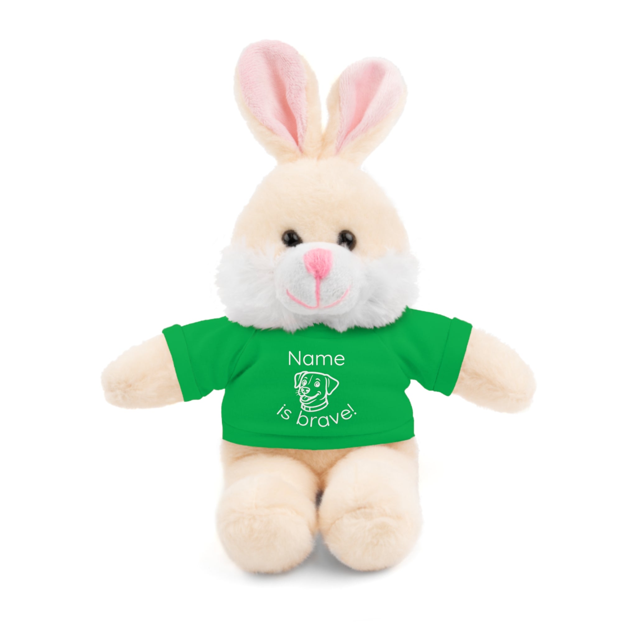 Soft off white plush bunny wearing a Name is Brave personalized irish green  tee shirt