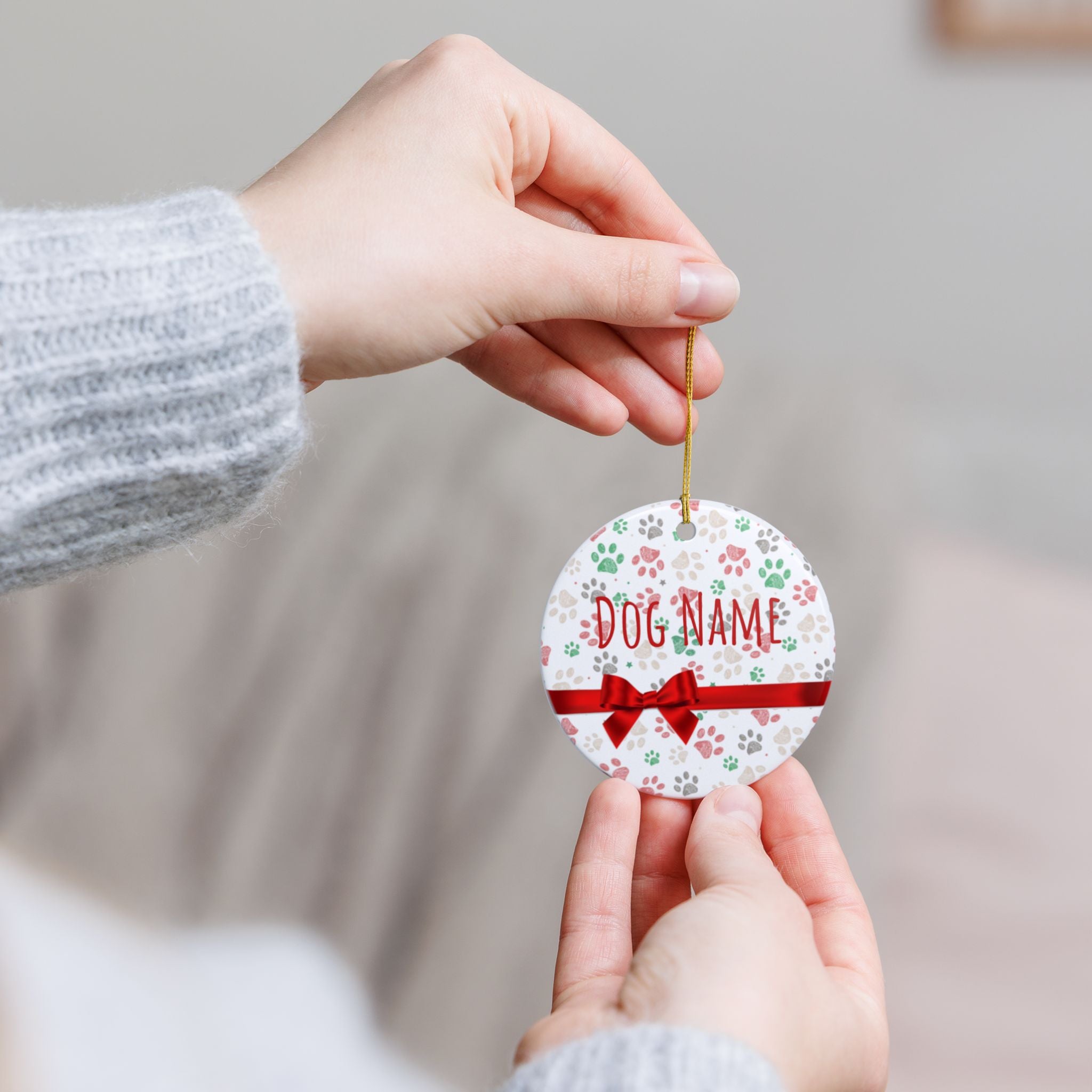 Custom ceramic ornament back side showing ribbon hanger