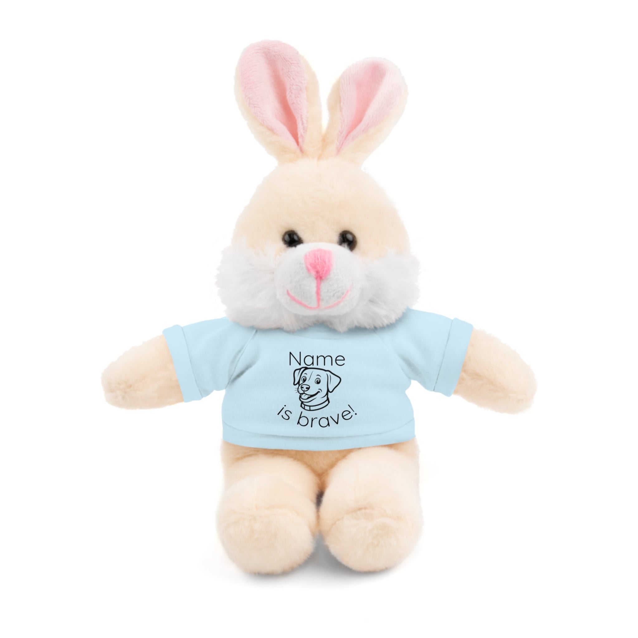 Soft off white plush bunny wearing a Name is Brave personalized light blue  tee shirt