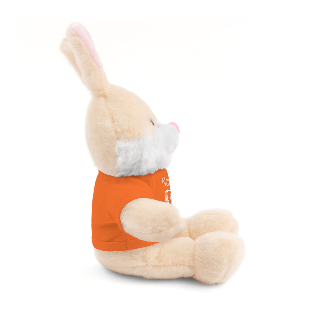 Soft off white plush bunny wearing a Name is Brave personalized orange  tee shirt - side view