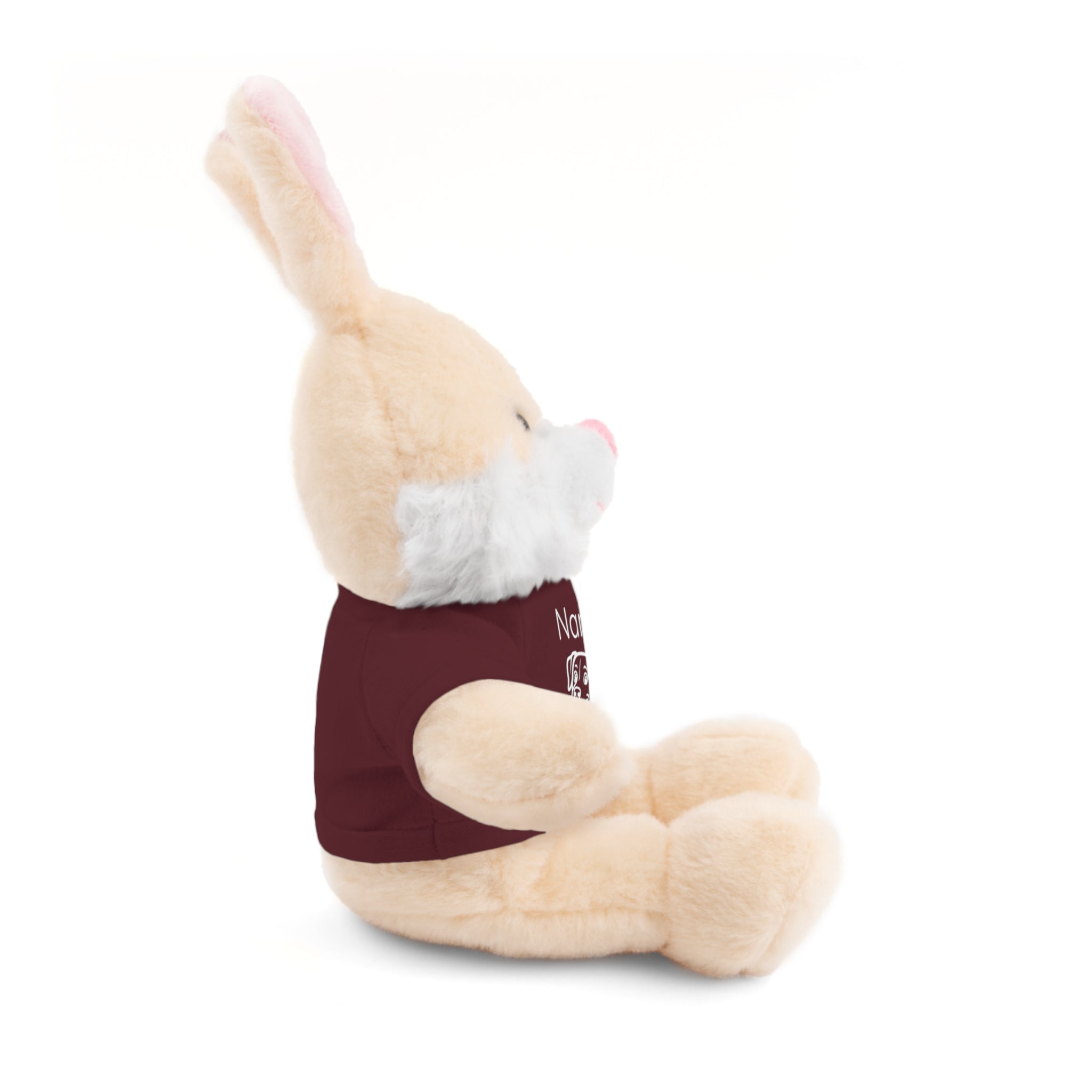 Soft off white plush bunny wearing a Name is Brave personalized maroon  tee shirt - side view
