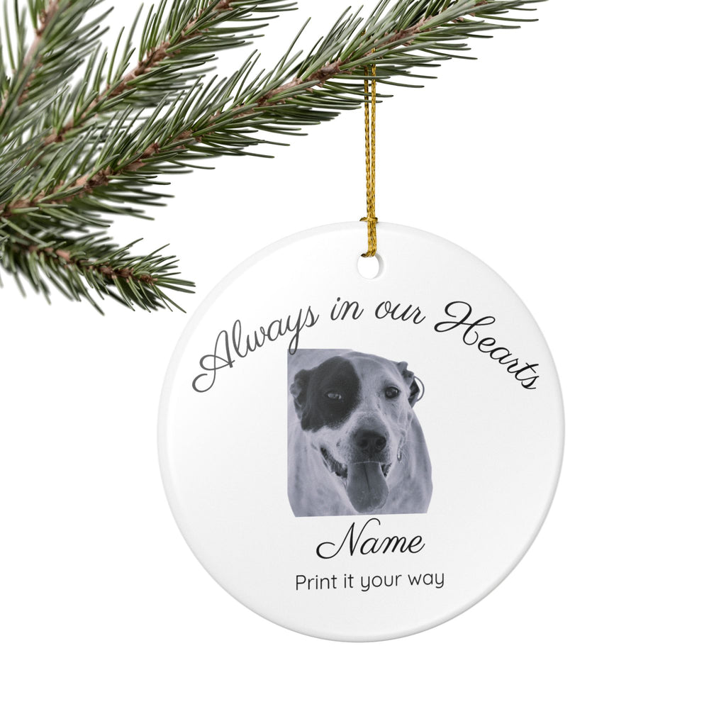Personalized pet ornament flat lay on white background showing full design