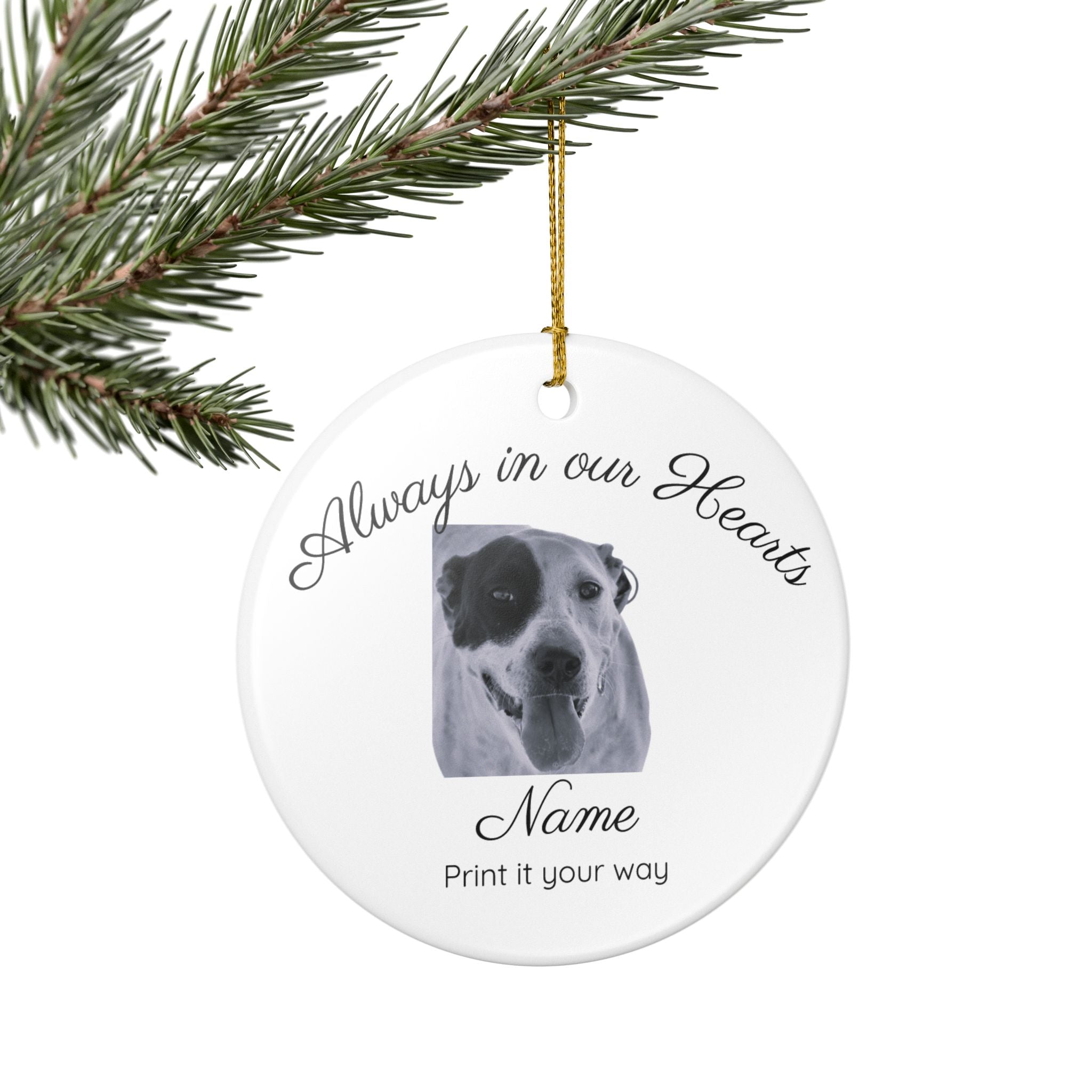 Personalized pet ornament flat lay on white background showing full design