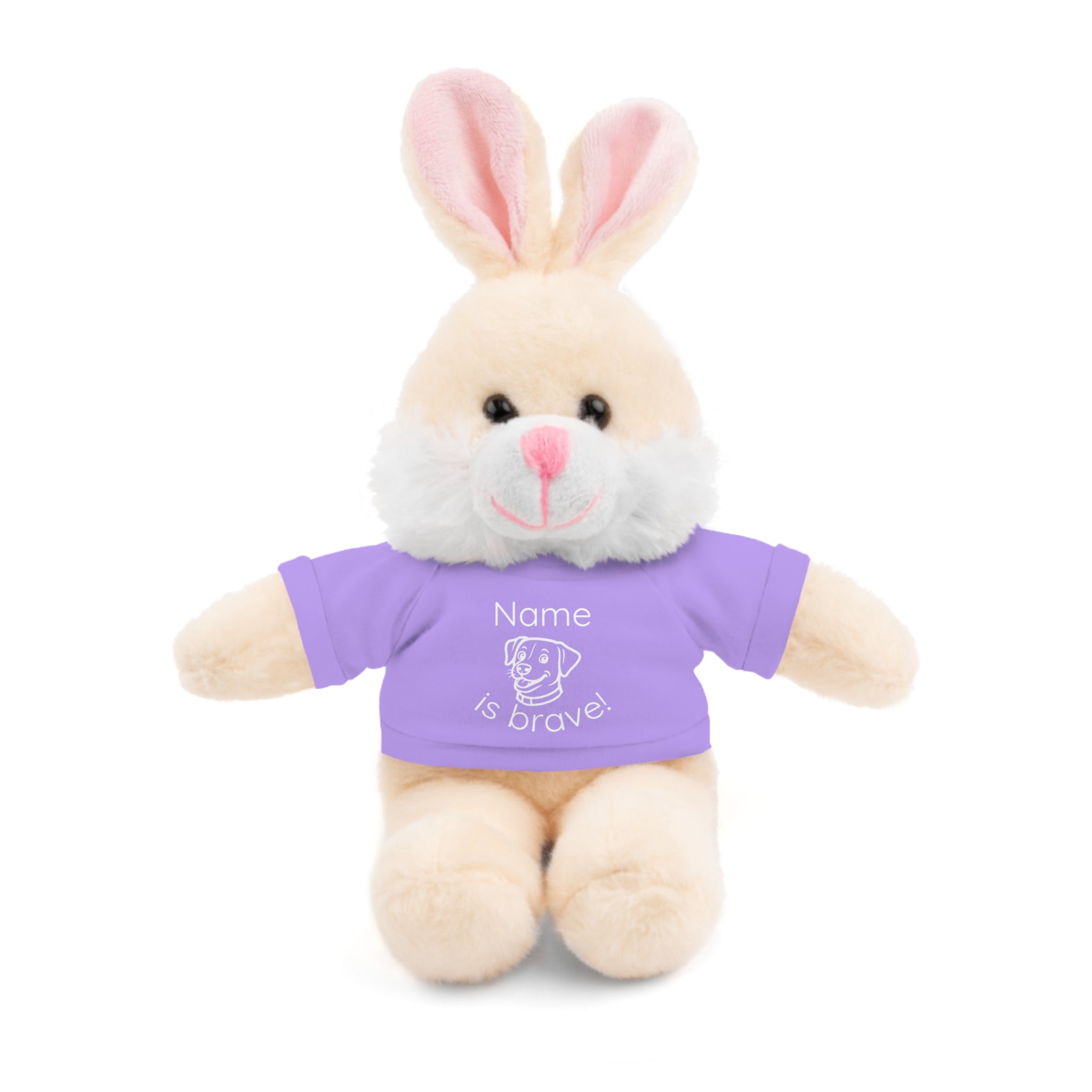 Soft off white plush bunny wearing a Name is Brave personalized lavendar  tee shirt