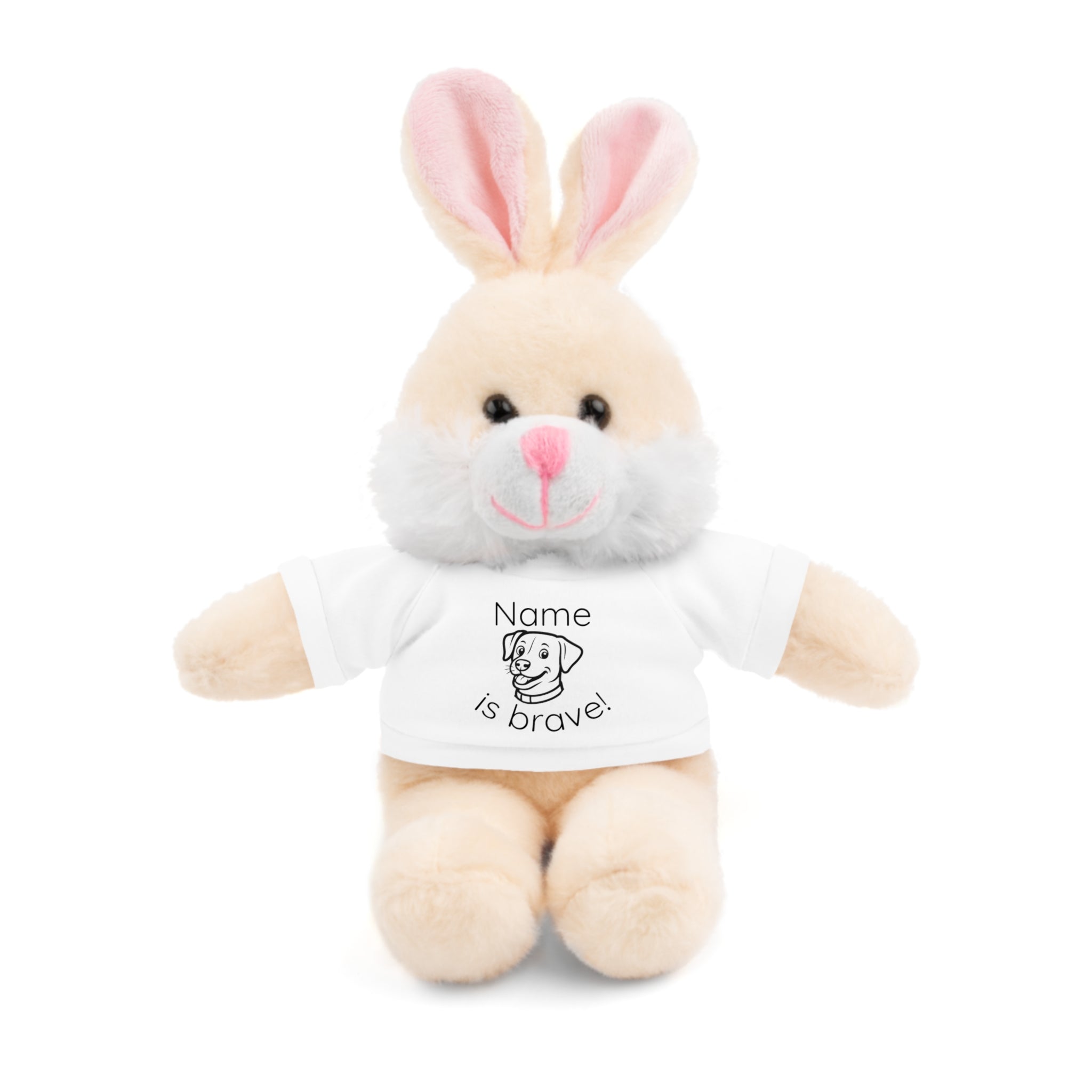 Soft off white plush bunny wearing a Name is Brave personalized white shirt