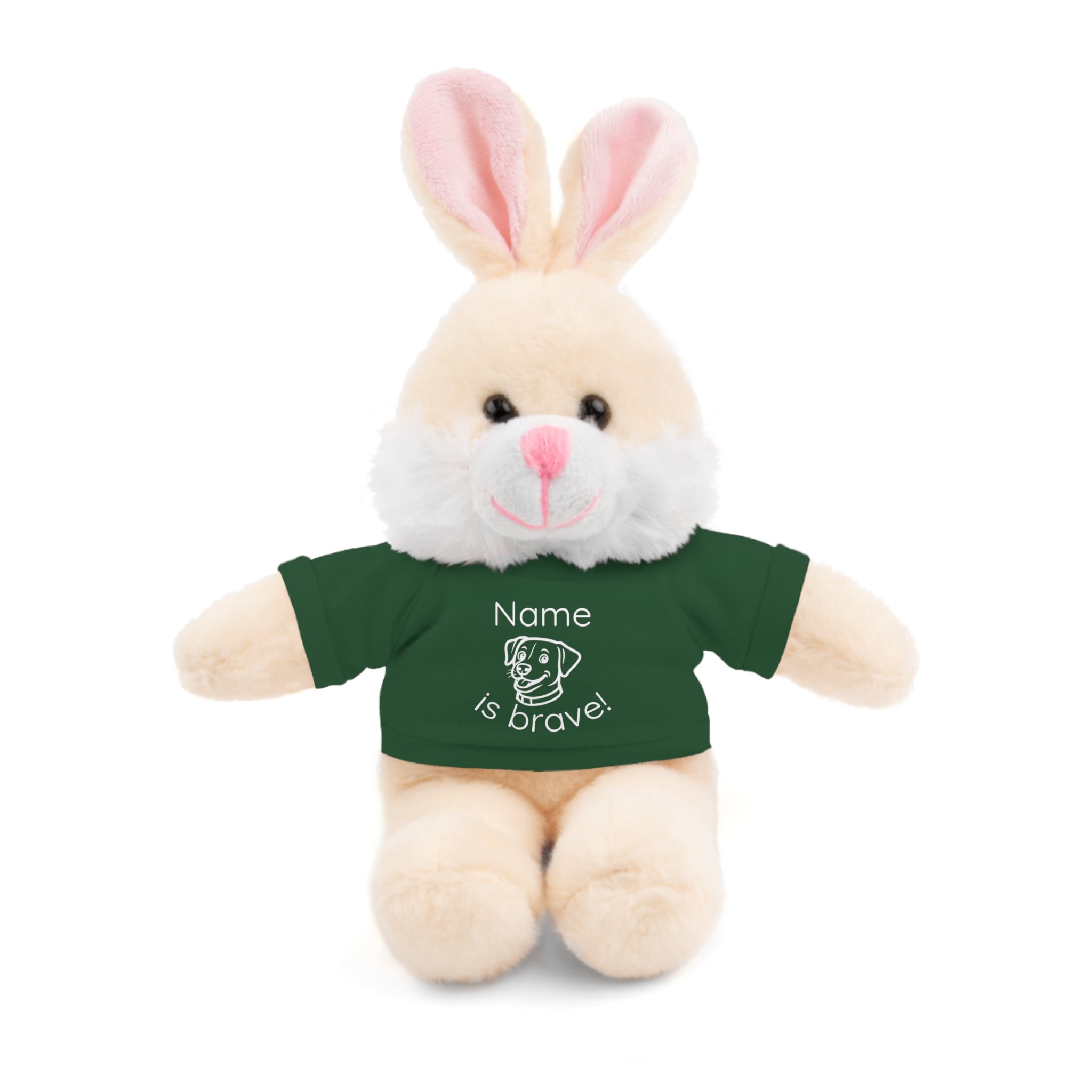 Soft off white plush bunny wearing a Name is Brave personalized forest green  tee shirt