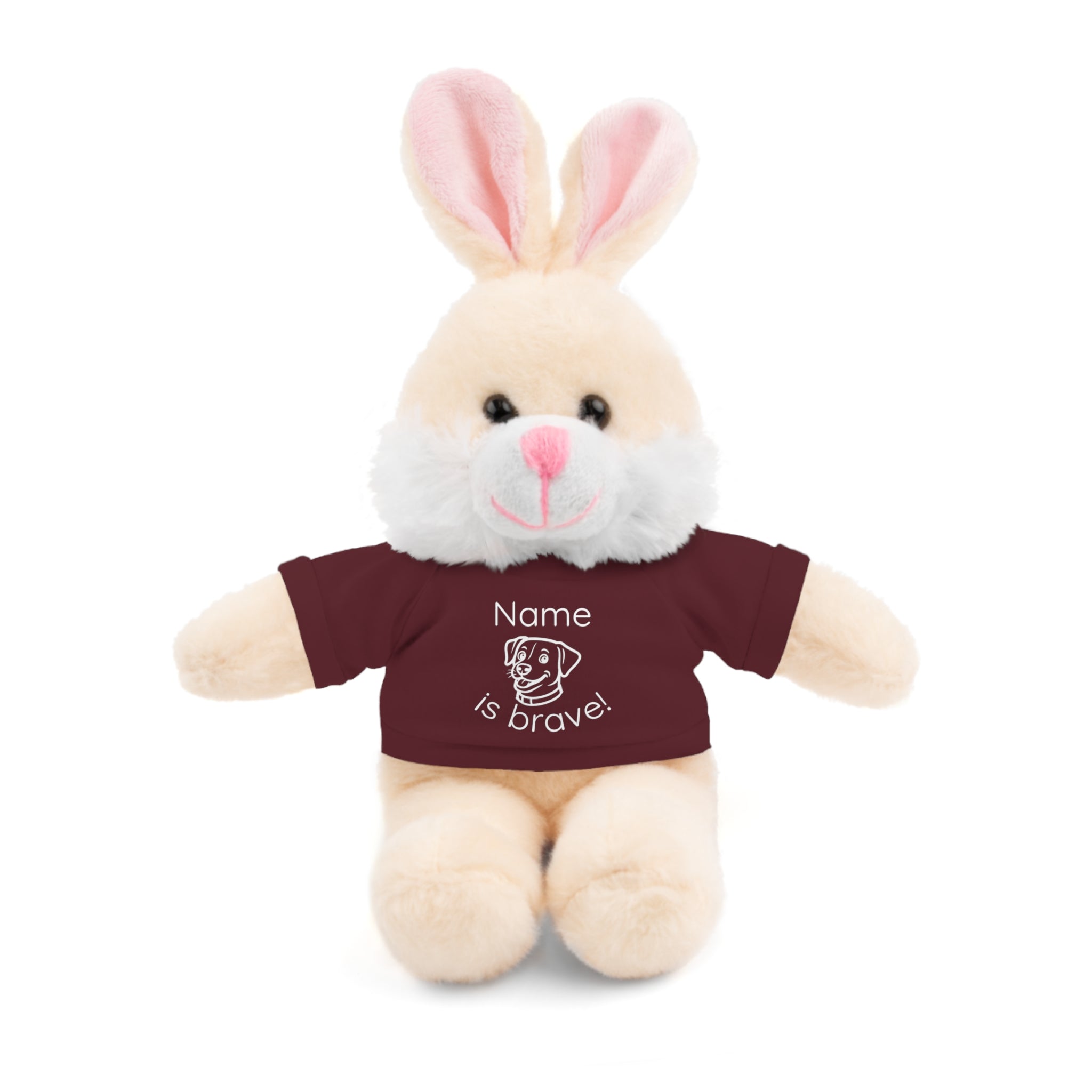 Soft off white plush bunny wearing a Name is Brave personalized  maroon shirt