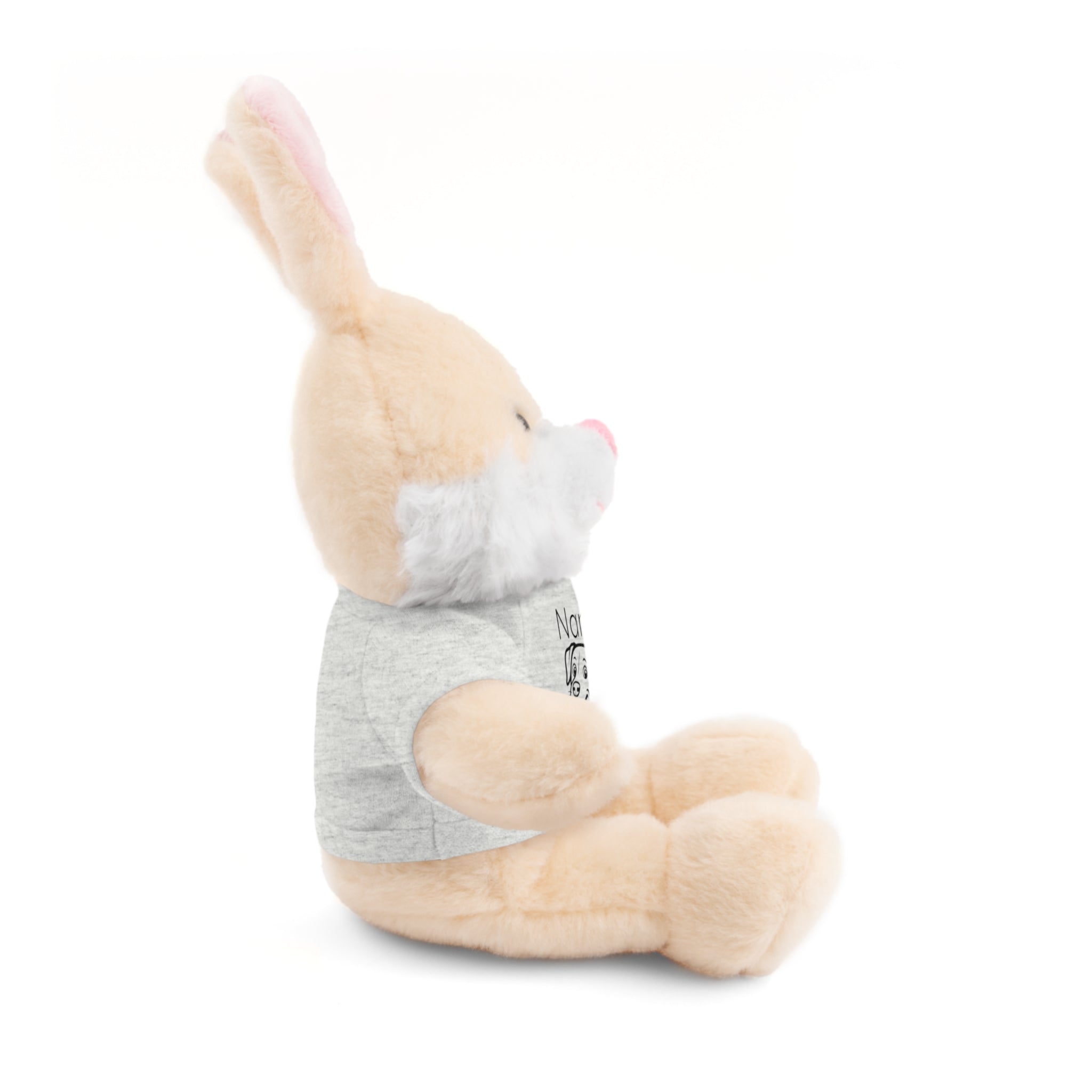 Soft off white plush bunny wearing a Name is Brave personalized grey  tee shirt - side view