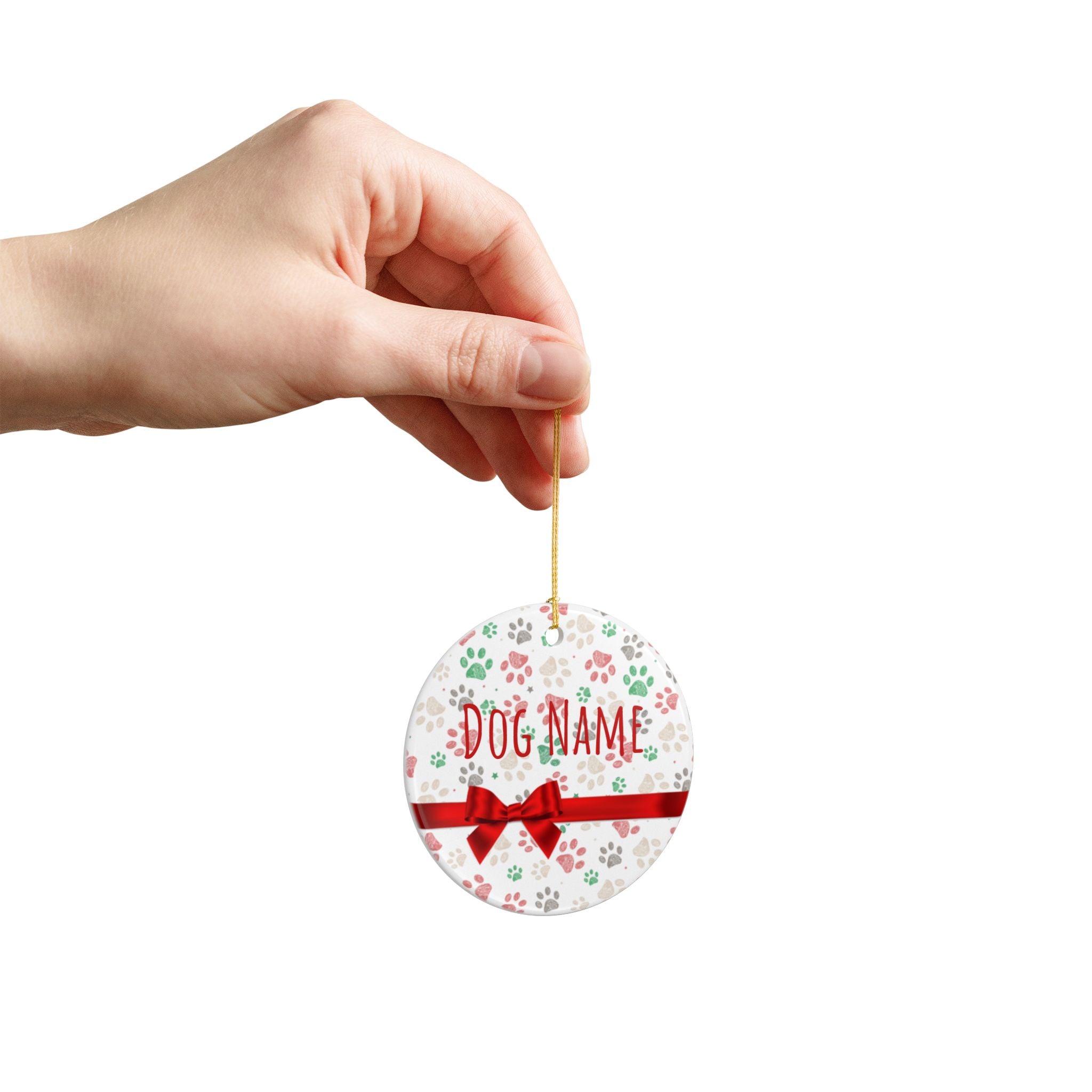 Personalized dog name ornament in festive holiday setting