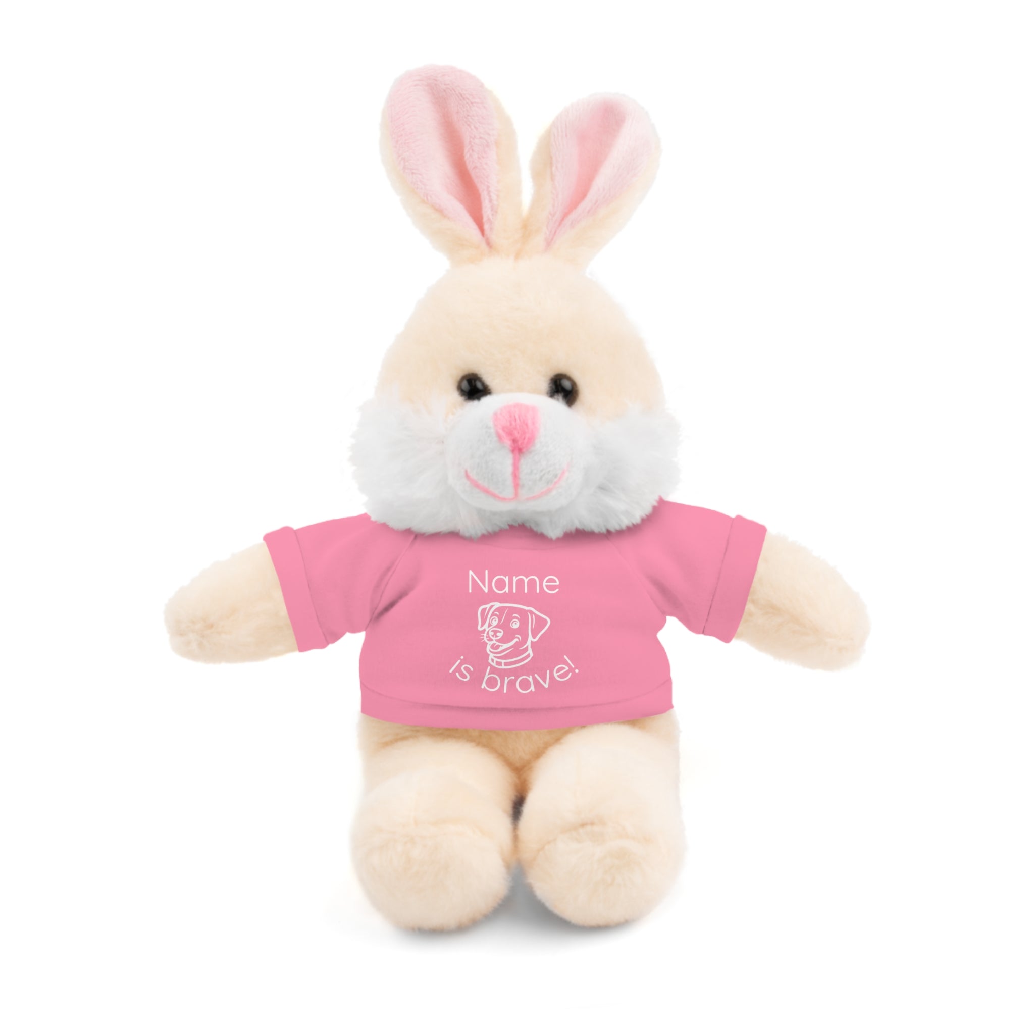 Soft off white plush bunny wearing a Name is Brave personalized pink shirt