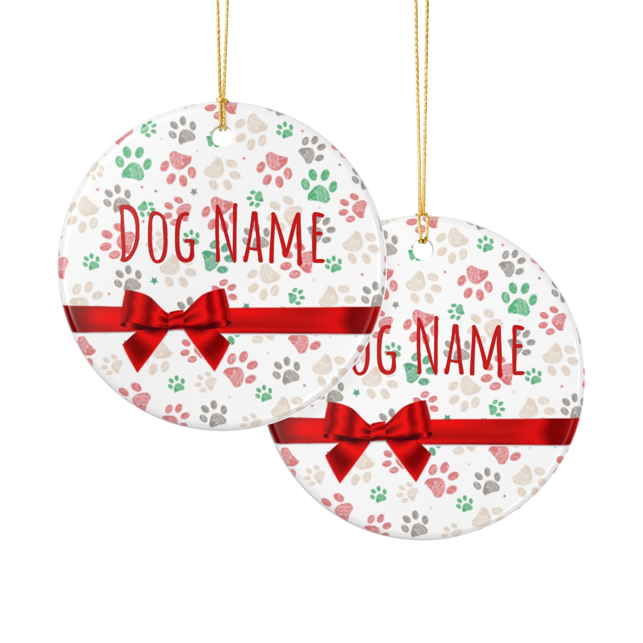 Personalized dog ornament hanging on Christmas tree branch with lights in background