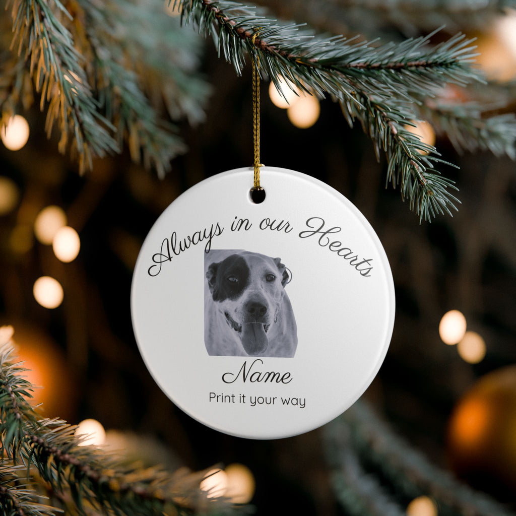 Round white ceramic pet memorial ornament with photo and name hanging on Christmas tree