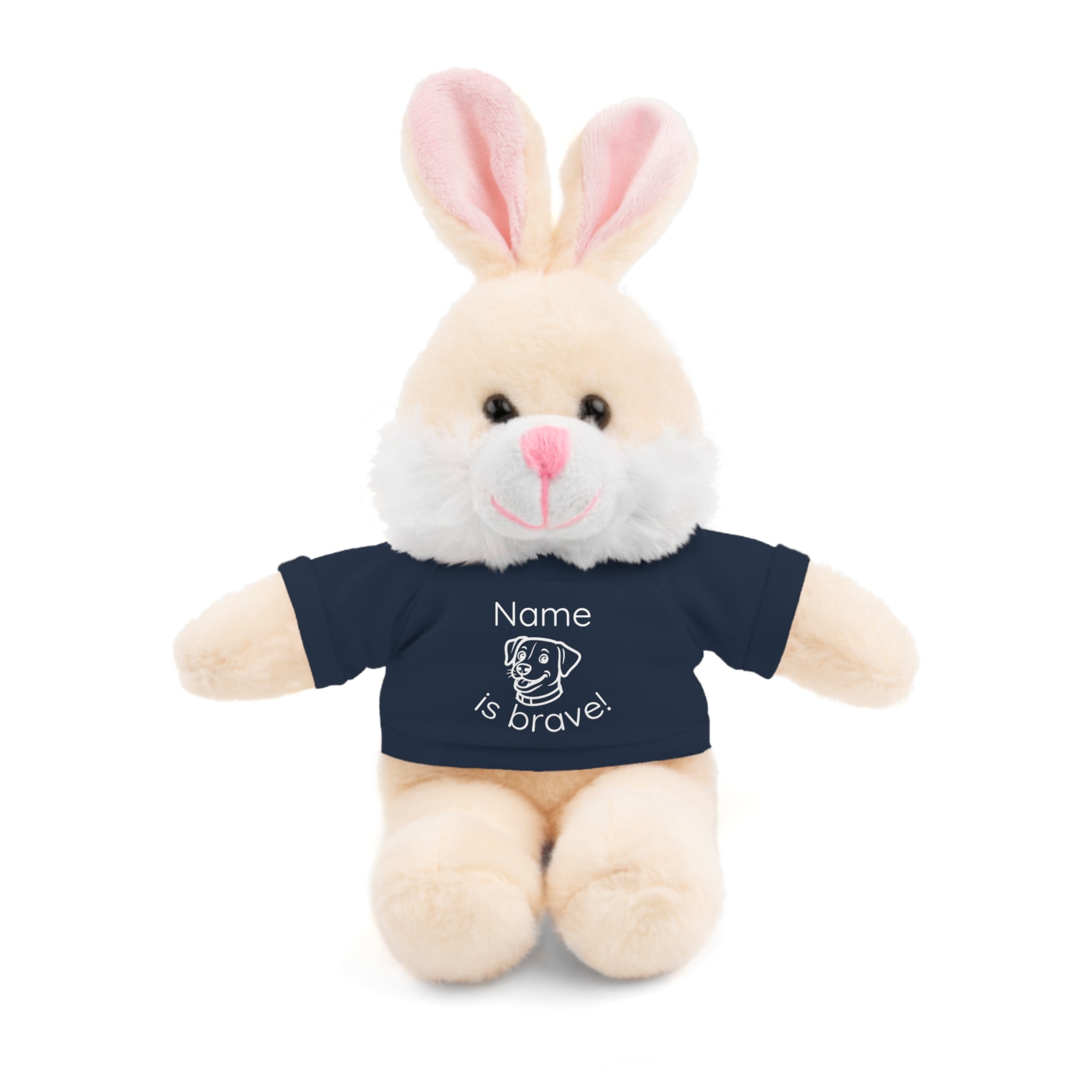 Soft off white plush bunny wearing a Name is Brave personalized navy shirt