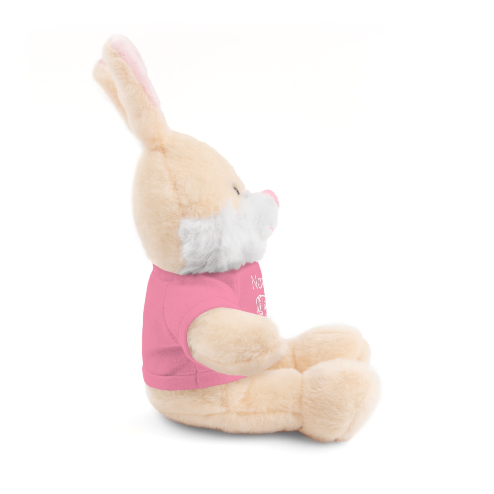 Soft off white plush bunny wearing a Name is Brave personalized pink  tee shirt - side view