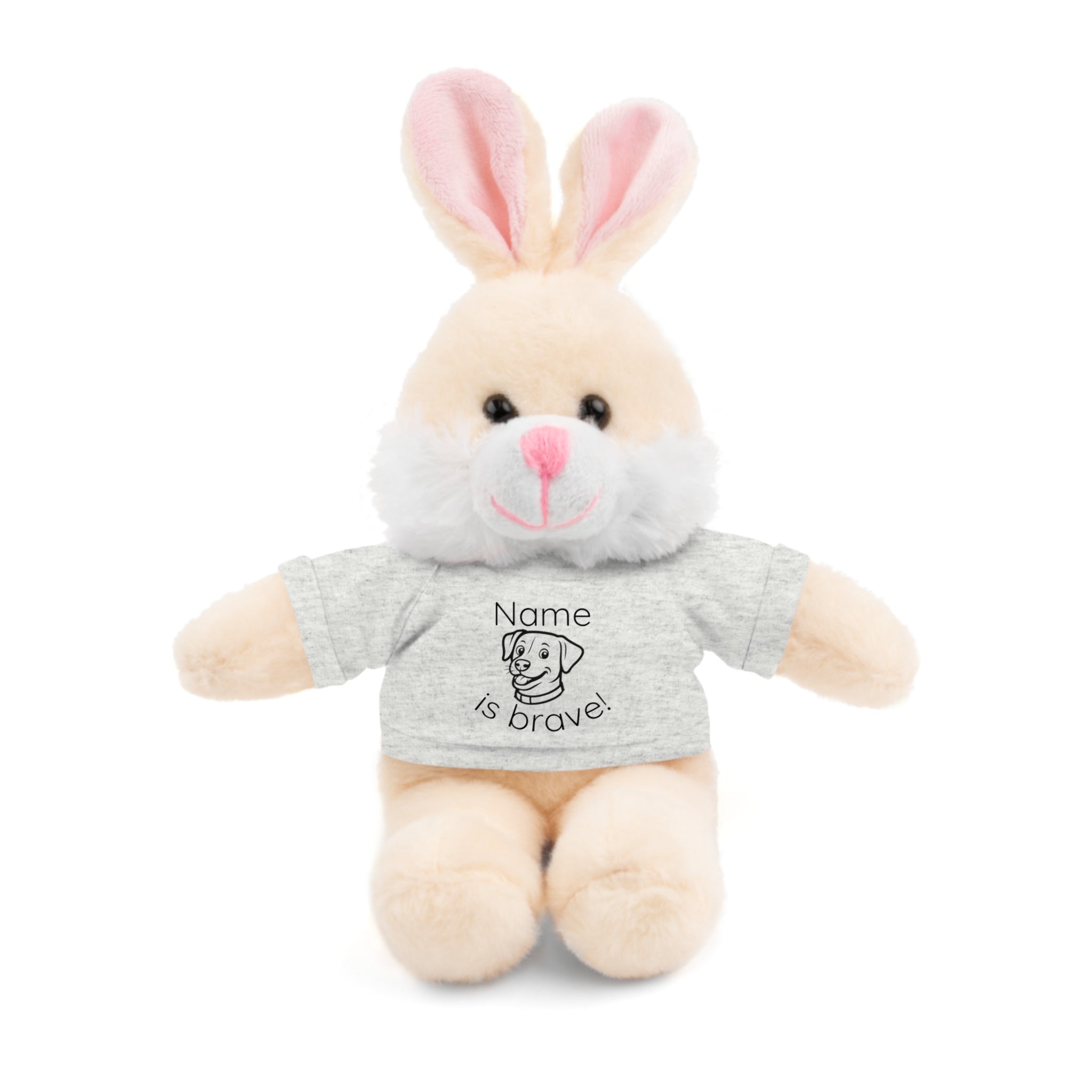 Soft off white plush bunny wearing a Name is Brave personalized grey  tee shirt