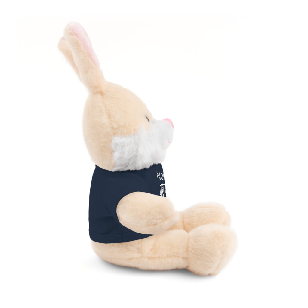 Soft off white plush bunny wearing a Name is Brave personalized navy  tee shirt - side view