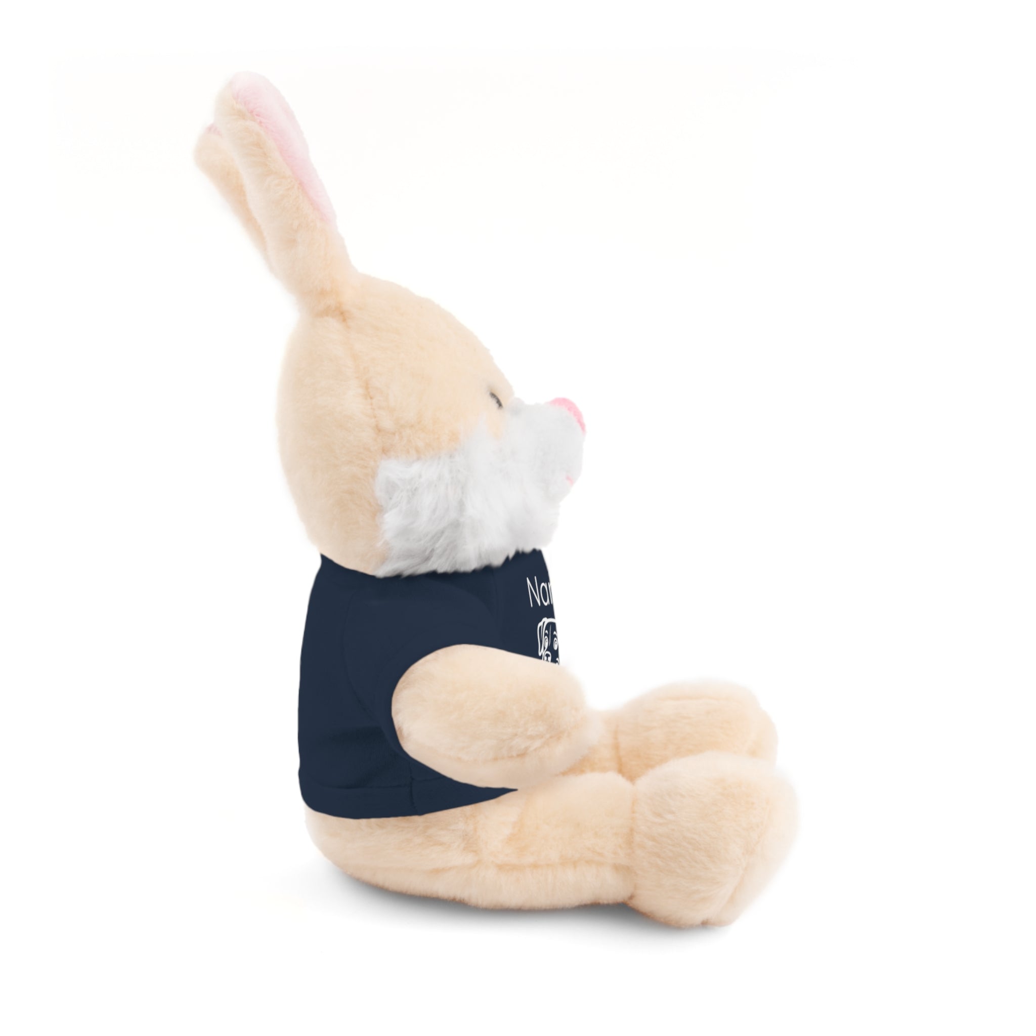 Soft off white plush bunny wearing a Name is Brave personalized navy  tee shirt - side view