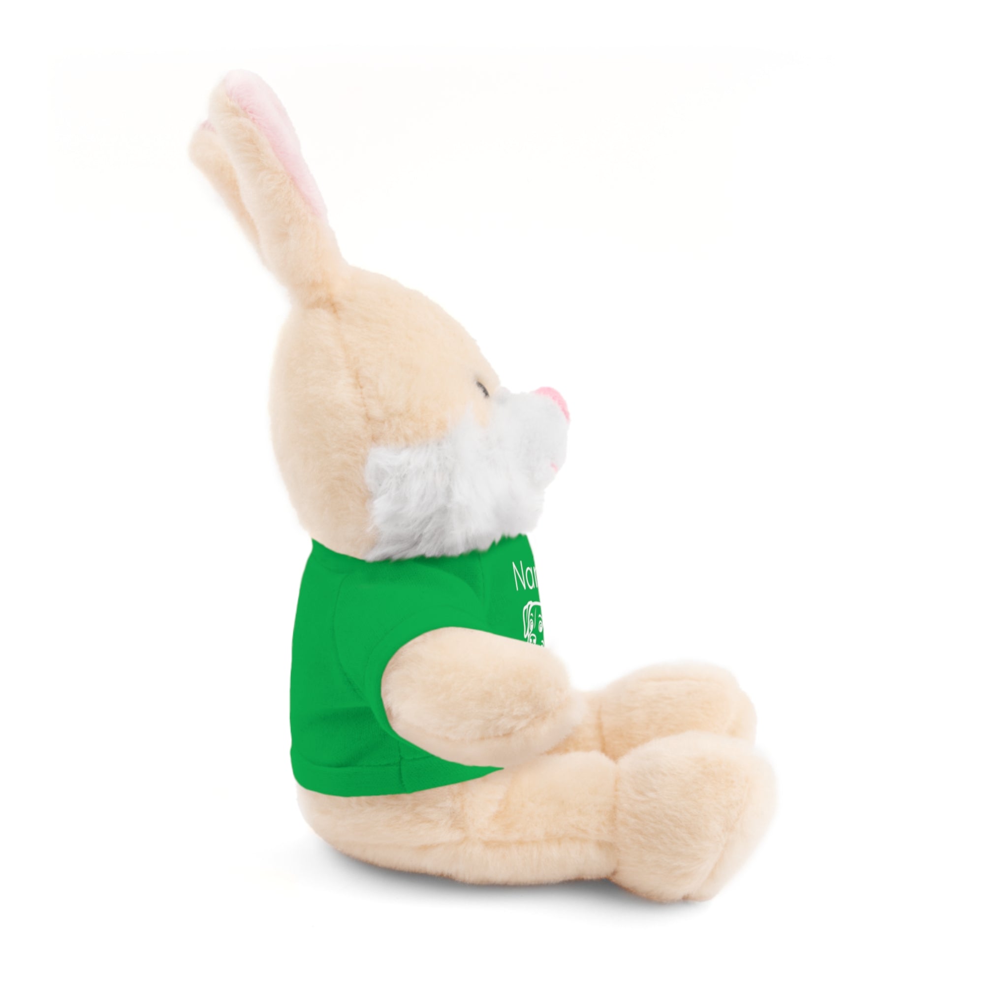 Soft off white plush bunny wearing a Name is Brave personalized irish green  tee shirt - side view