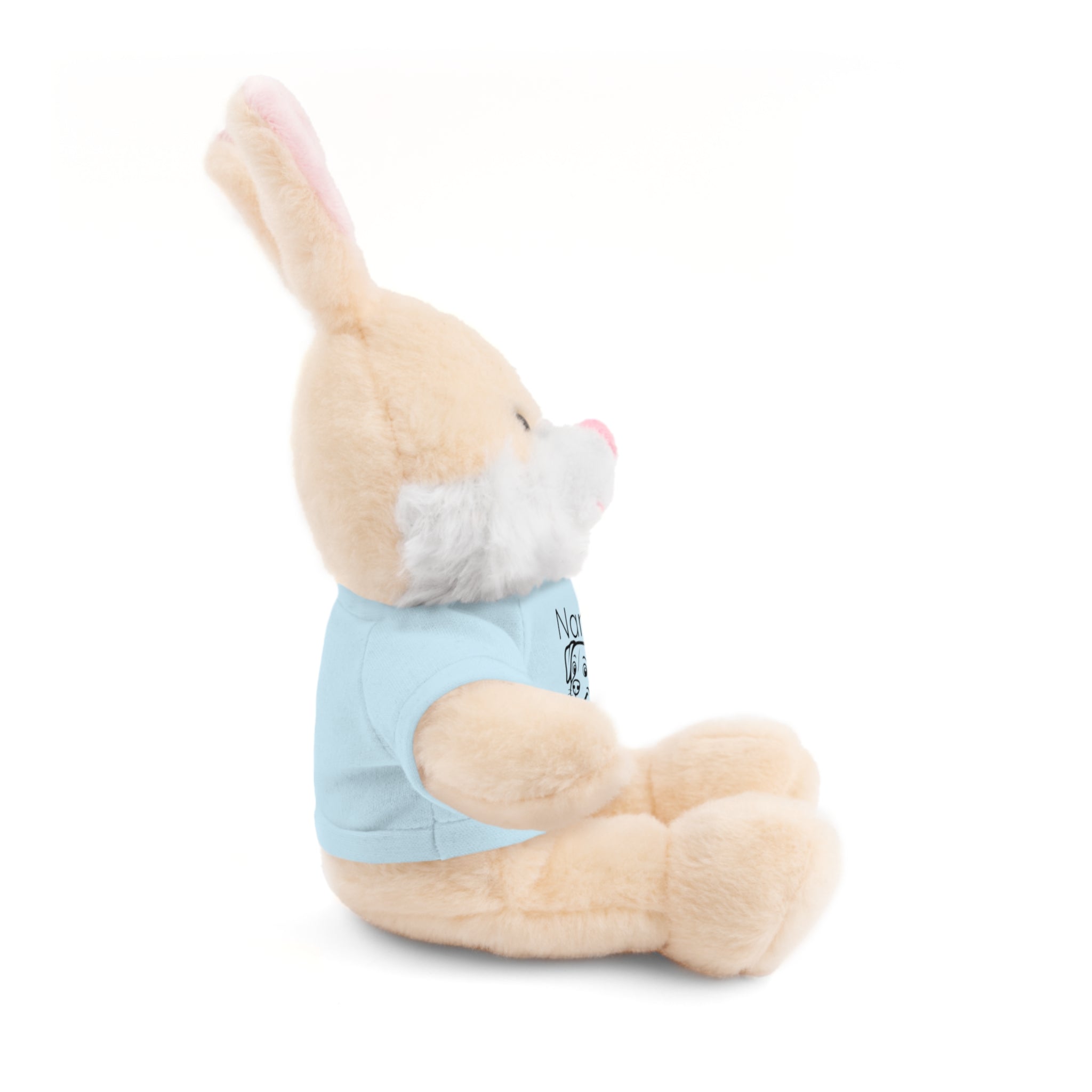 Soft off white plush bunny wearing a Name is Brave personalized light blue  tee shirt - side view