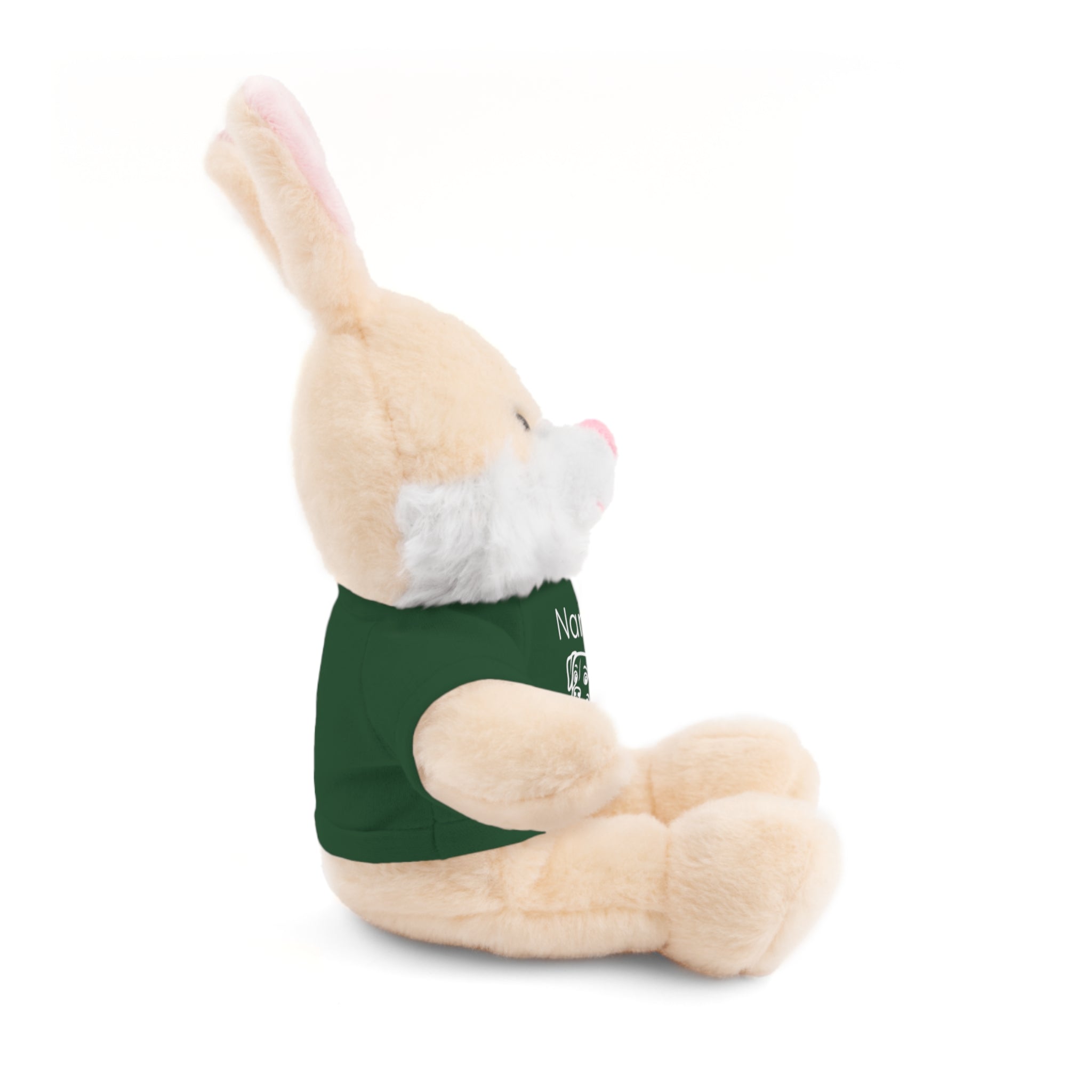Soft off white plush bunny wearing a Name is Brave personalized forest green  tee shirt - side view