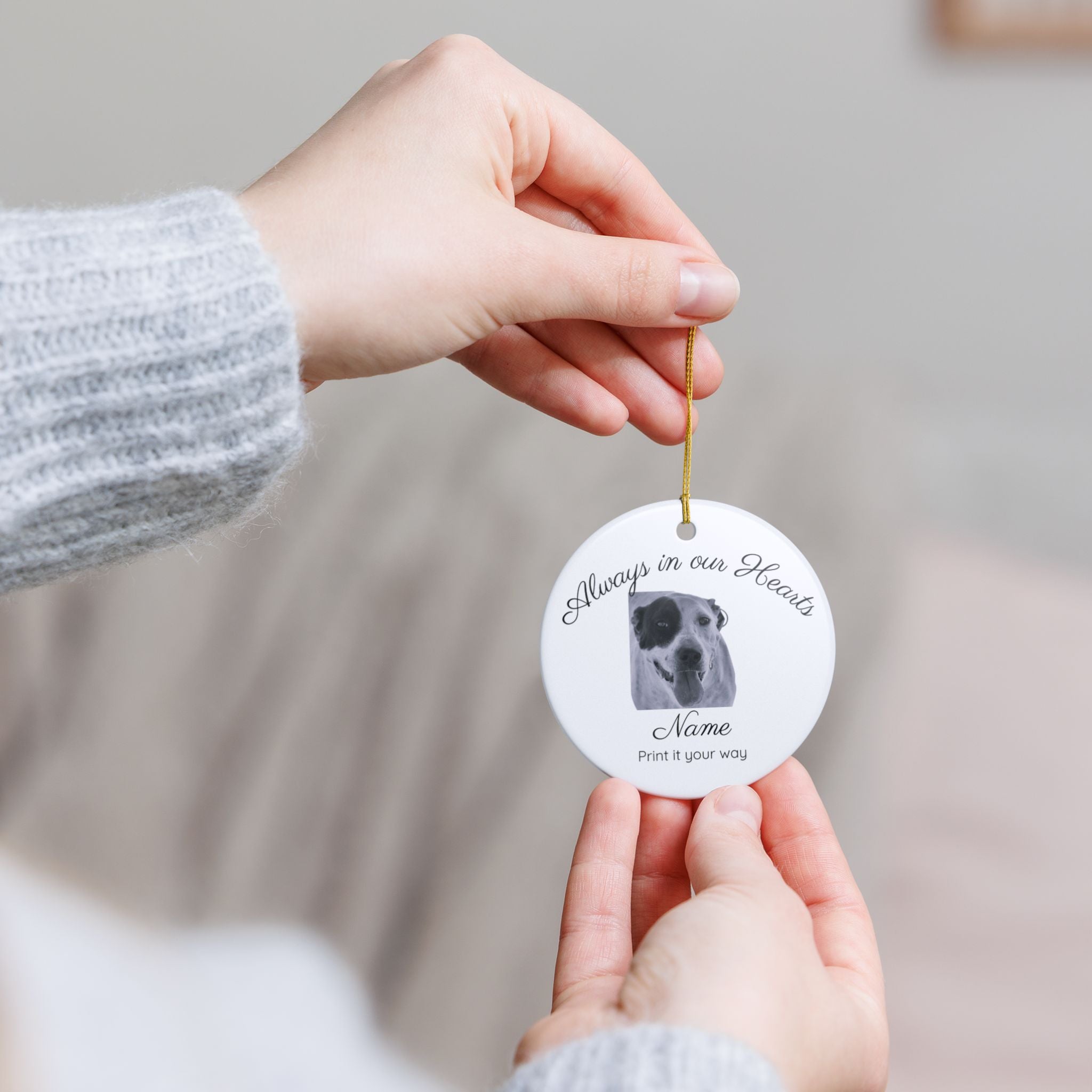 Reverse side of pet memorial ornament showing hanging ribbon and round shape