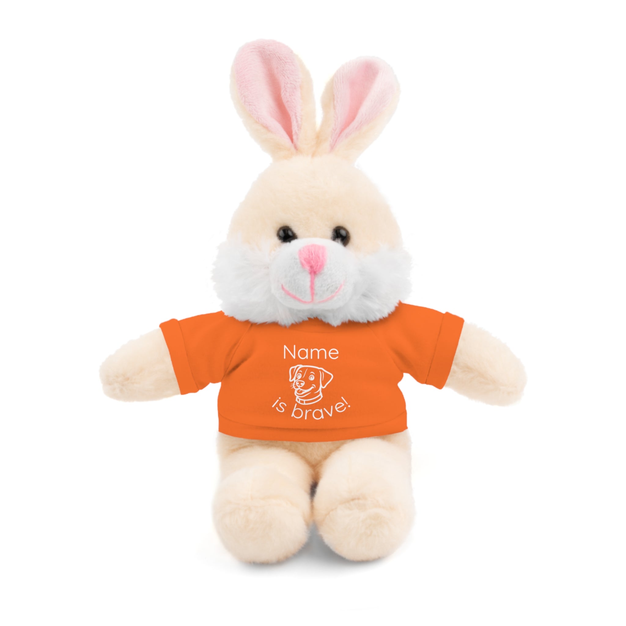Soft off white plush bunny wearing a Name is Brave personalized orange shirt