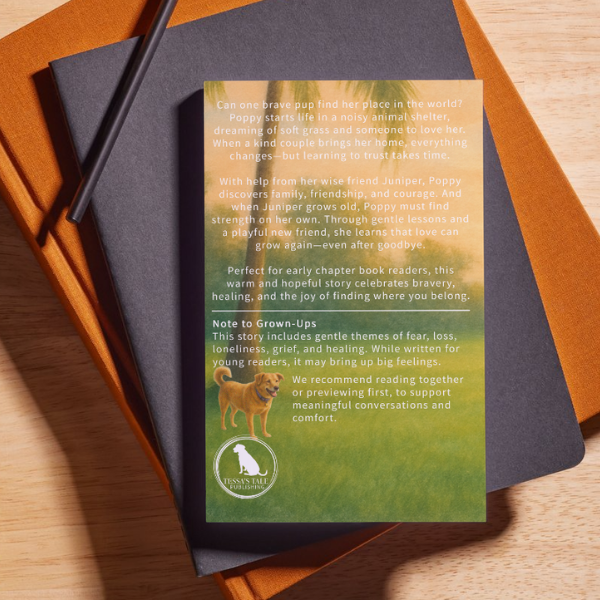 Back cover of The Adventures of Poppy book stacked on a desk