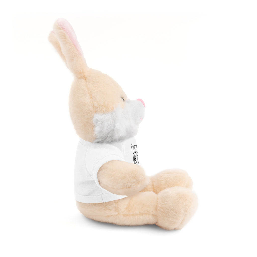 Soft off white plush bunny wearing a Name is Brave personalized white  tee shirt - side view