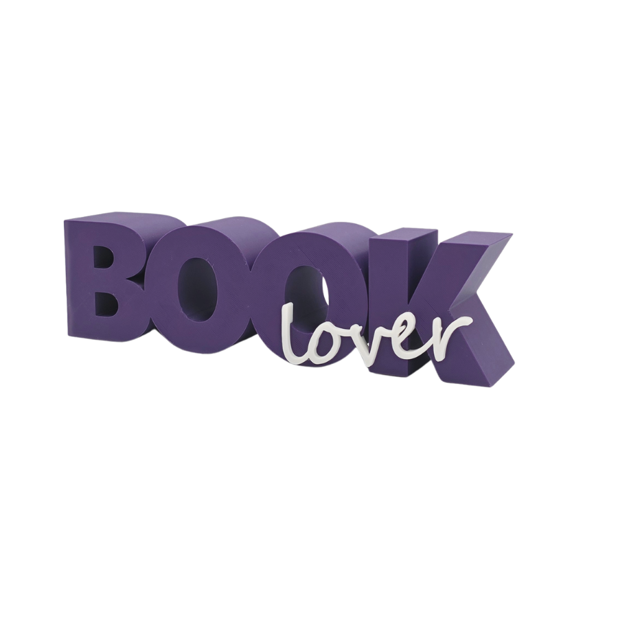 Purple block letters "Book" with which "lover" overlayed