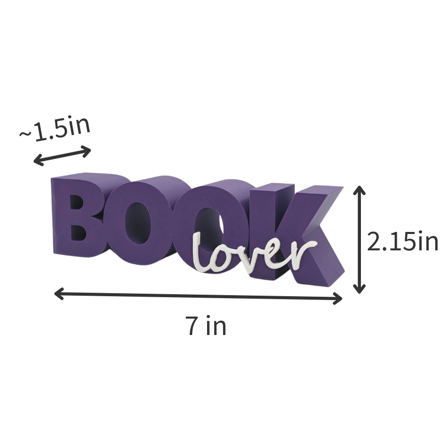 Purple 'BOOK lover' decorative item with measurements on a white background