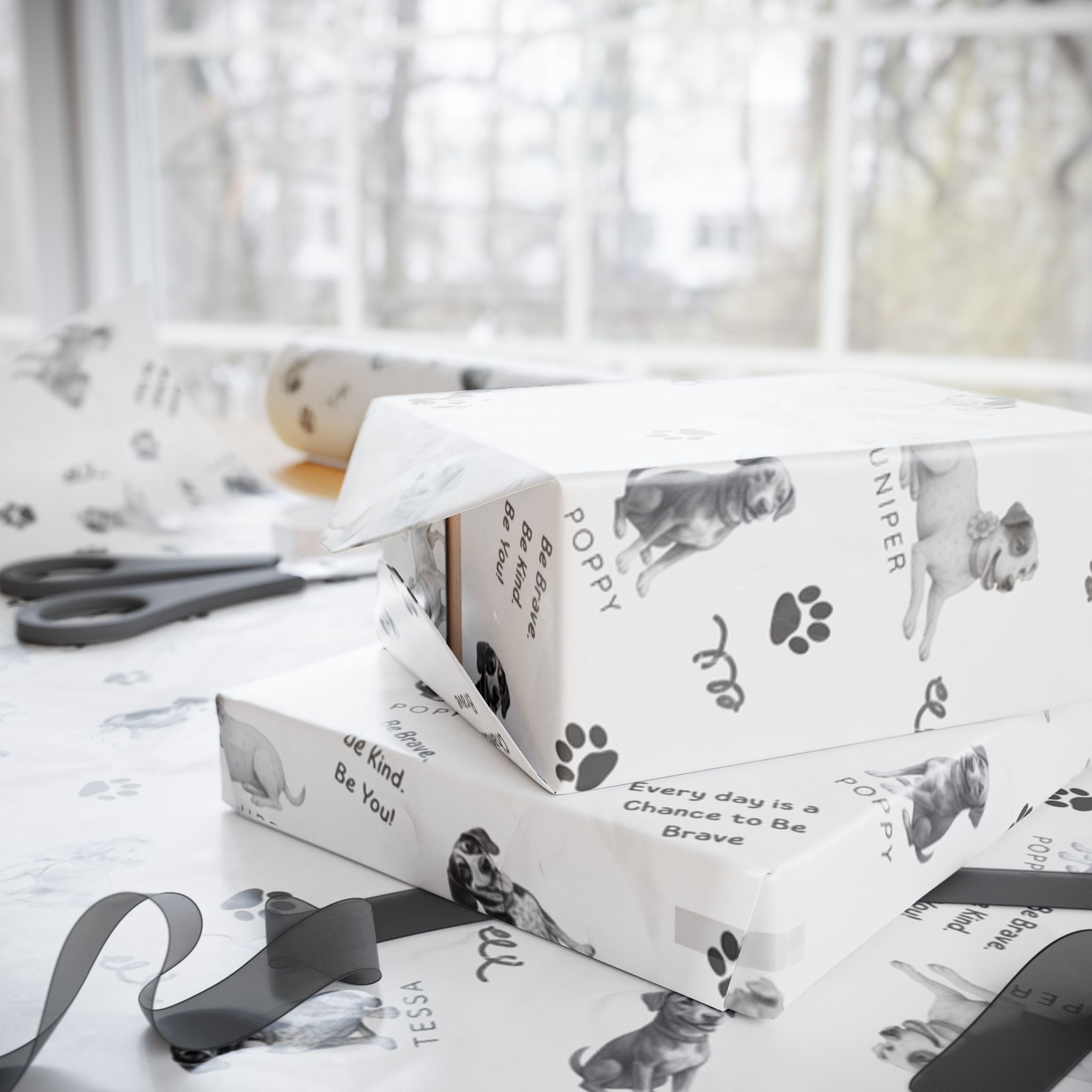 Boxes wrapped in The Adventures of Poppy neutral holiday wrapping paper in sitting in wrapping station with ribbon and sissors