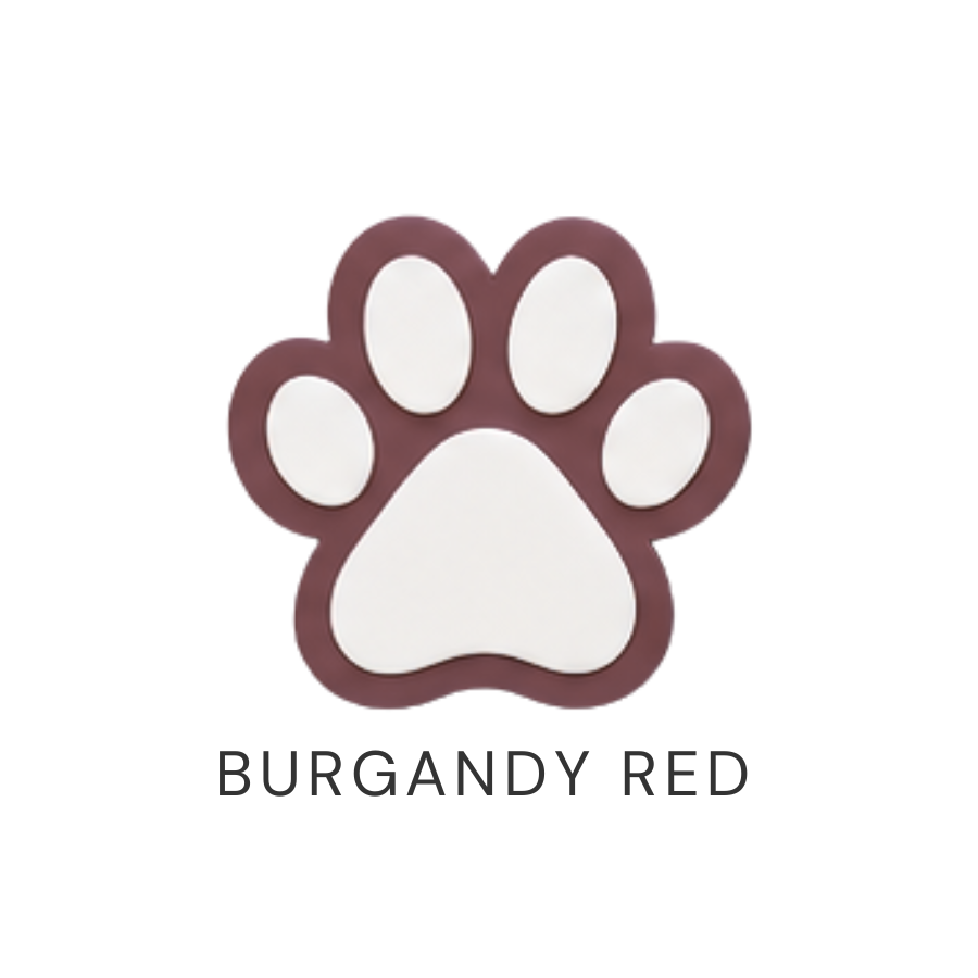 Paw print logo with burgundy border and white center on a white background