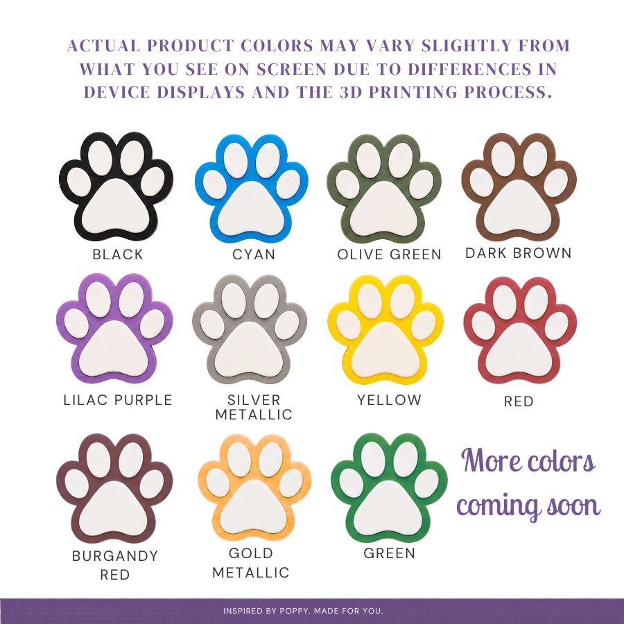 Color swatches of paw prints in various colors with text indicating product color variations.