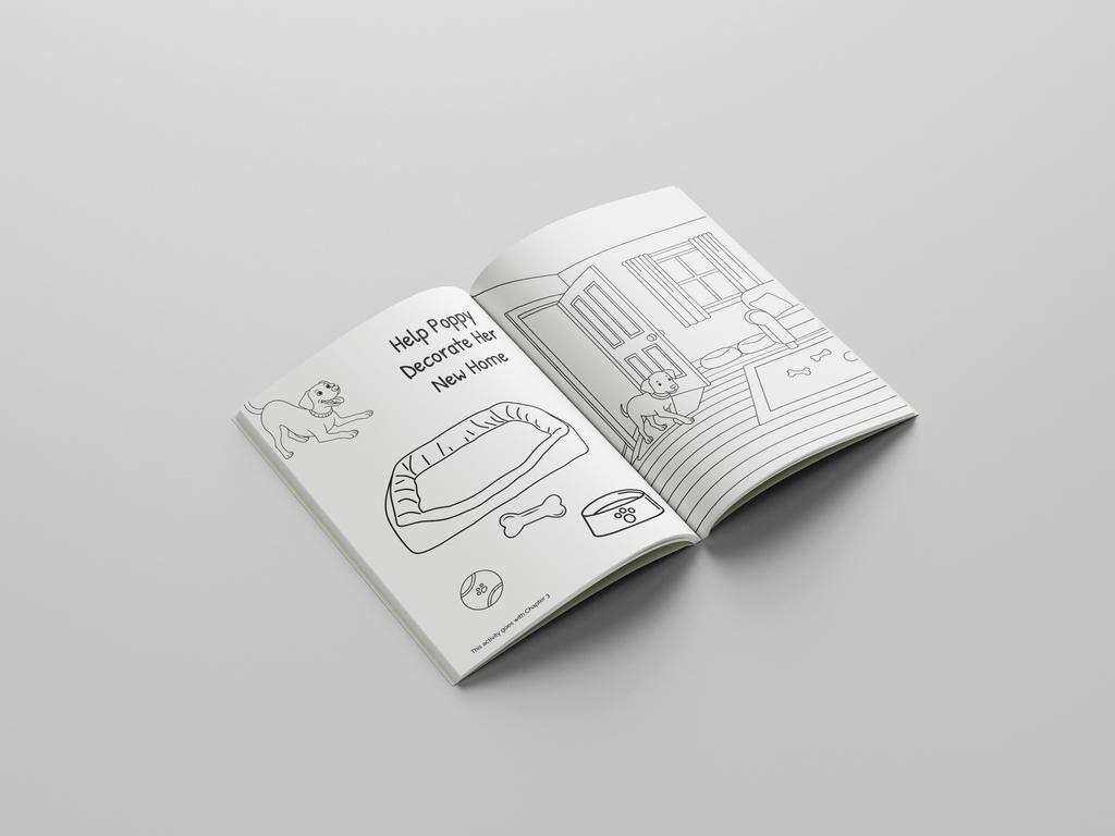 Open The Adventures of Poppy coloring book showing activity and illustration of Poppy and Juniper ready to be colored