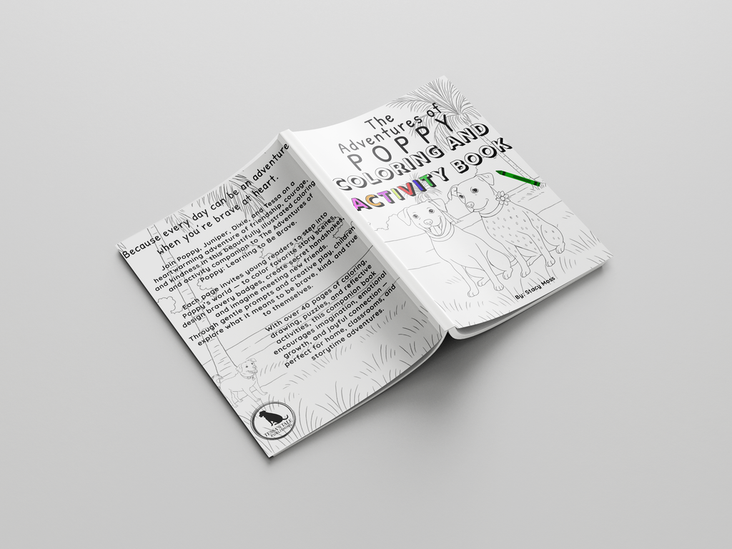The Adventures of Poppy coloring and activity book open laying face down on grey background