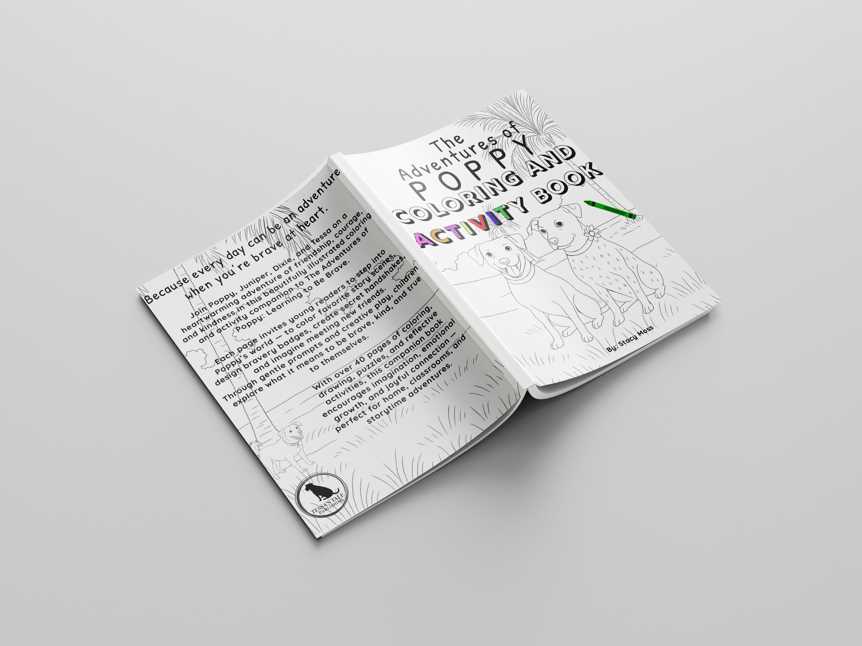 The Adventures of Poppy coloring and activity book open laying face down on grey background