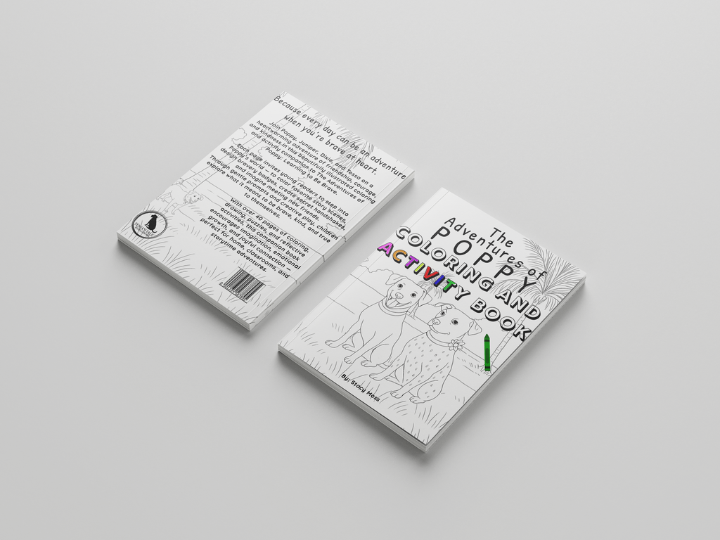 Front and back view of The Adventures of Poppy coloring and activity book on grey background