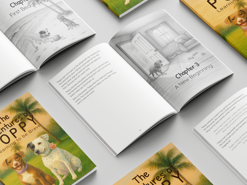 Open The Adventures of Poppy chapter book showing illustrated interior pages with dog characters