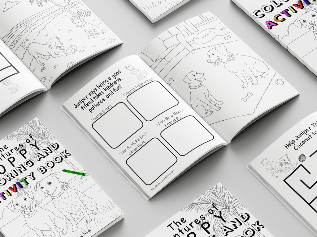Open The Adventures of Poppy coloring book showing activity and illustration of Poppy and Juniper ready to be colored