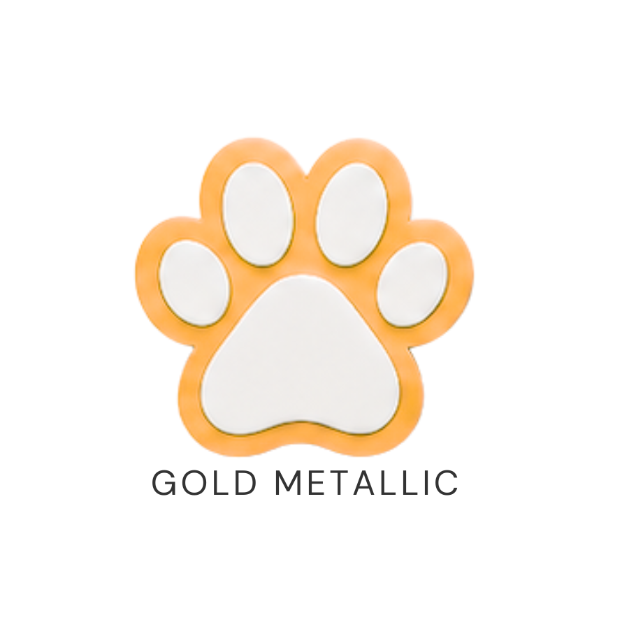 Gold metallic paw print design on a white background