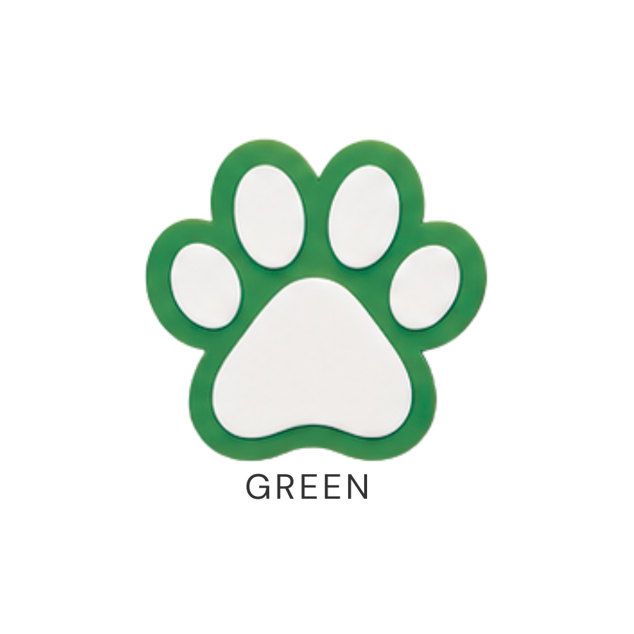Green and white paw print logo on a white background