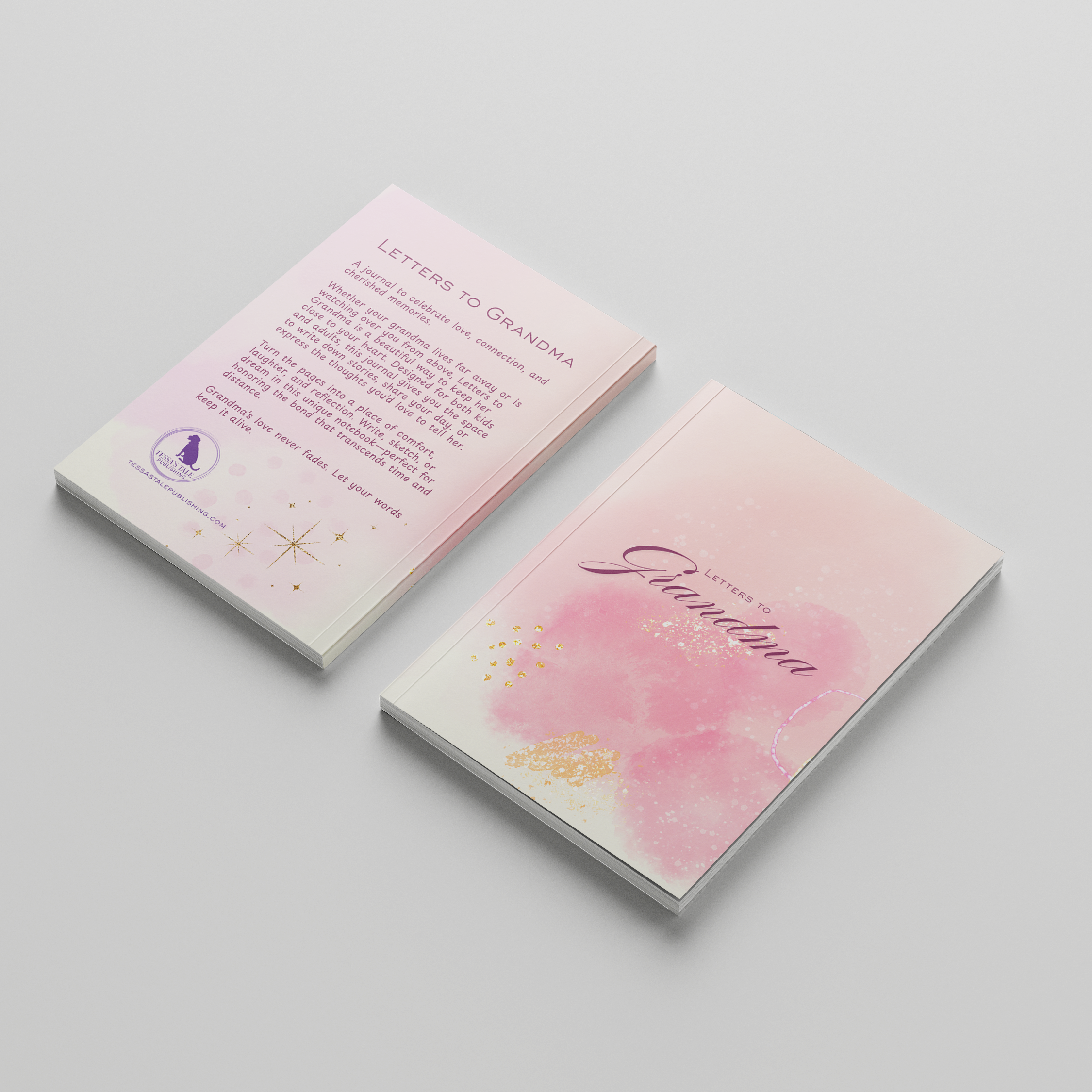 Two pink cards with watercolor designs and text on a light gray background