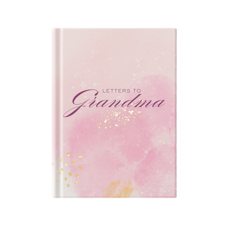 Book titled 'Letters to Grandma' with a pink watercolor cover on a white background