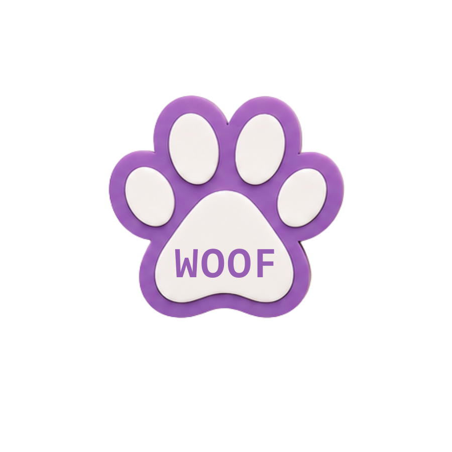 Paw print shaped lilac magnet with "woof" printed on it