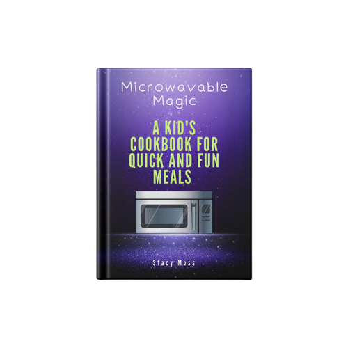 Book titled 'Microwavable Magic: A Kid's Cookbook for Quick and Fun Meals' by Stacy Moss on a purple background