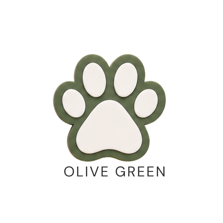 Olive green paw print logo on a light beige background