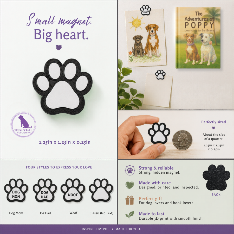 Collage of four paw print magnets in black, white, purple, and gray colorways