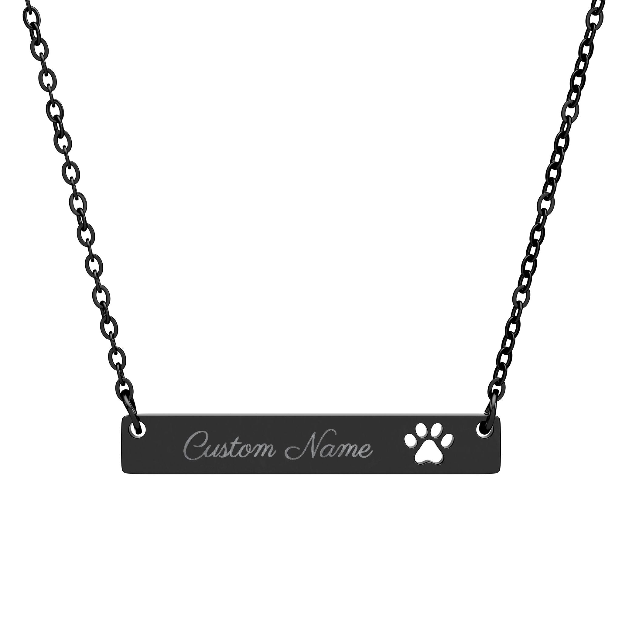 Personalized pet necklace flat lay on white surface showing black PVD coating
