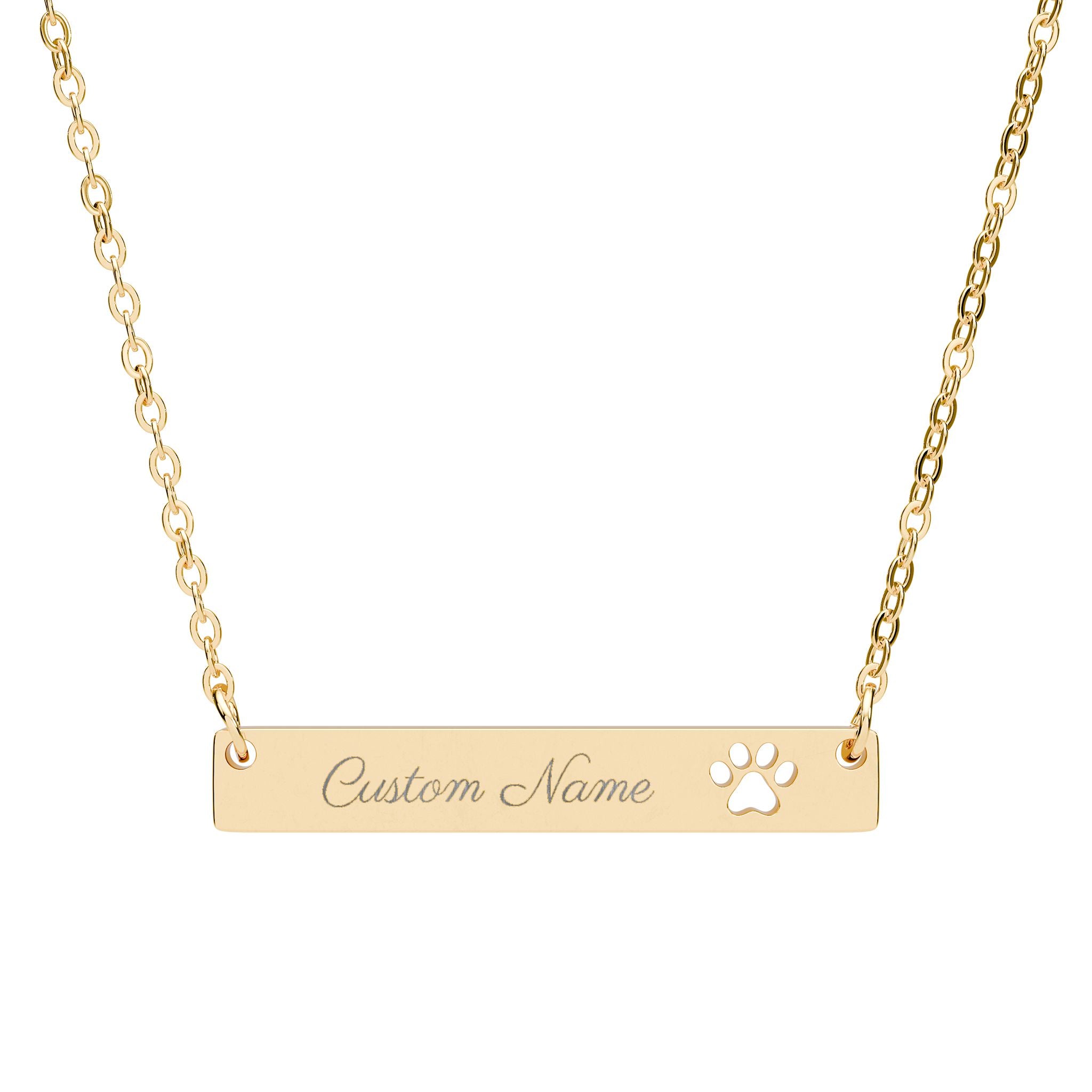 Personalized pet necklace flat lay on white surface showing gold coating
