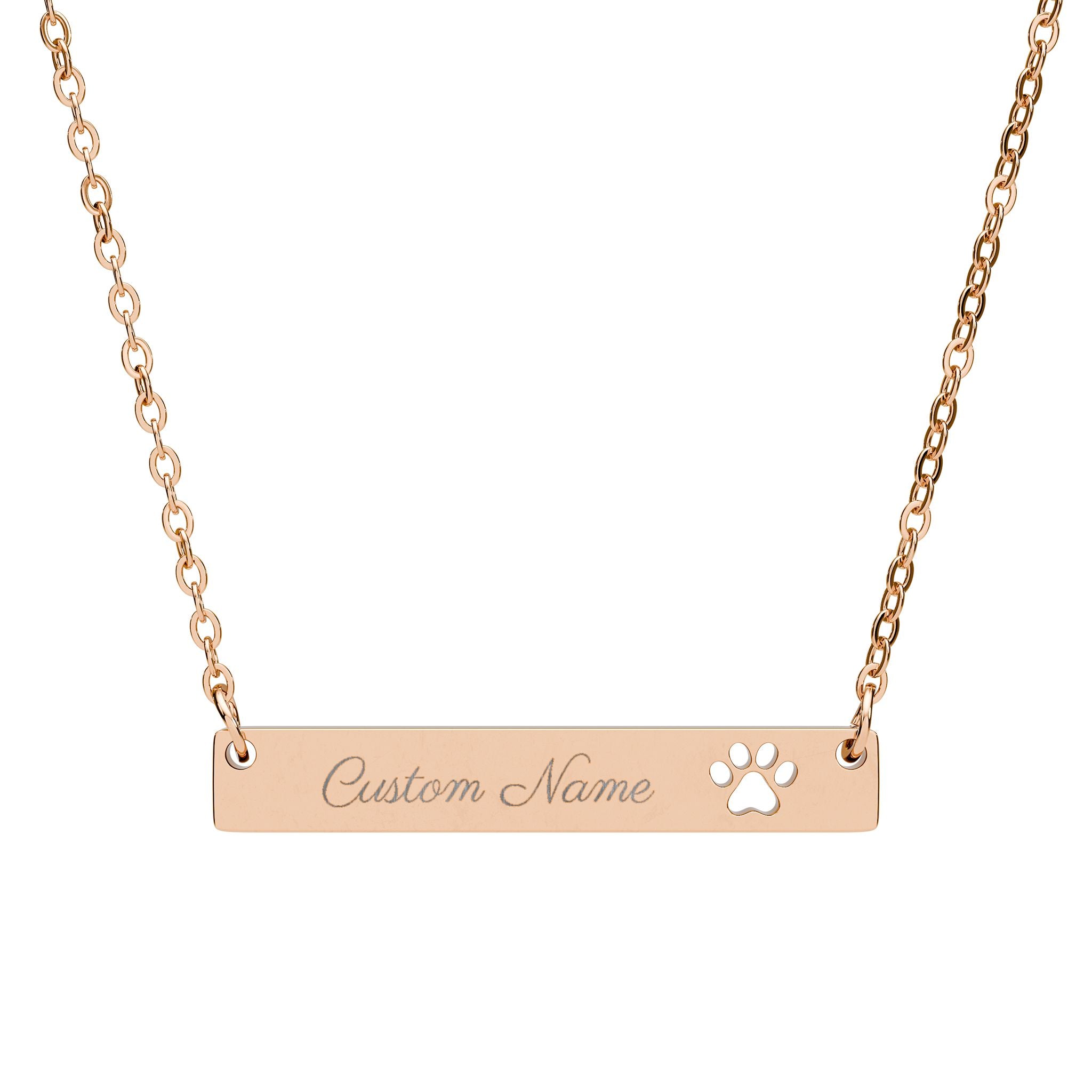 Personalized pet necklace flat lay on white surface showing rose gold coating